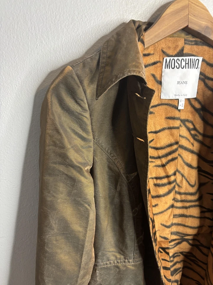 Moschino Jeans Coat Womens 4 Tiger Lined Brown Waxed Safari Trench Jacket Italy - Image 2 of 4