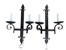 Antique Hammered Cast Iron Wall Sconces Arts Crafts Primitive French Style Pair