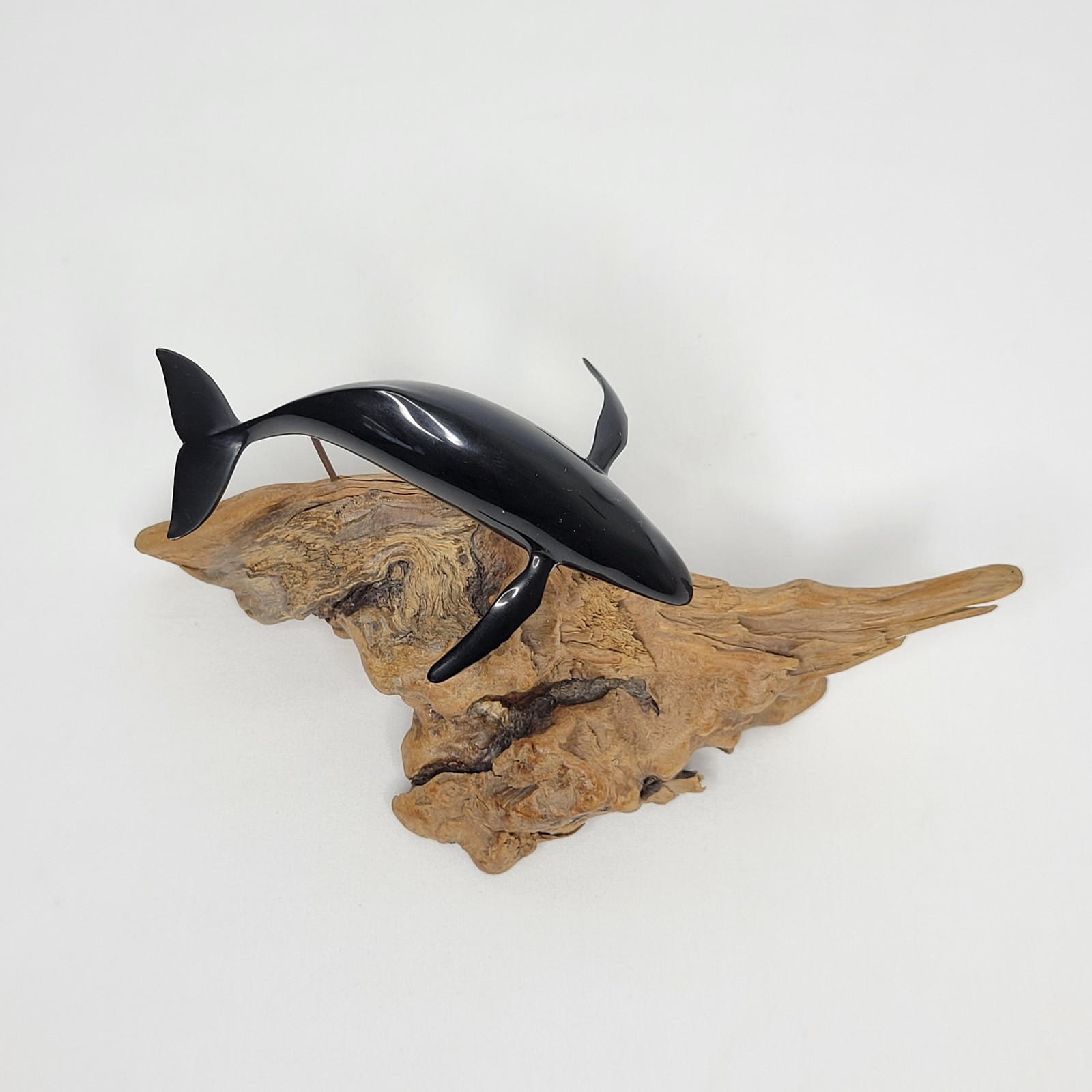 John Perry Black Humpback Whale on 7 1/2" Burl Wood Base Sculpture Marine Life