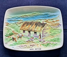 Quaint collectable art plate 1950s Irish Cottage Textured relief 24x18.5cm