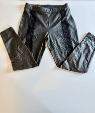 Women  s Black Faux Leather Leggings w Lace Panels High Waist Stretch Skinny Pant