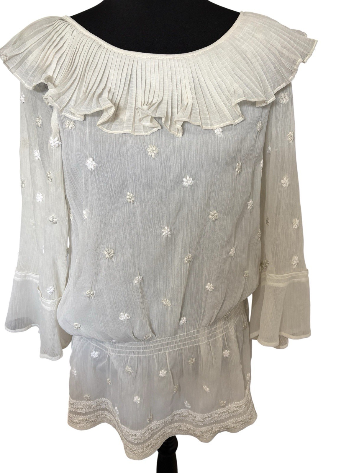 Sundance Womens Ivory Boho Blouse with Floral Embroidery and Ruffle Neck