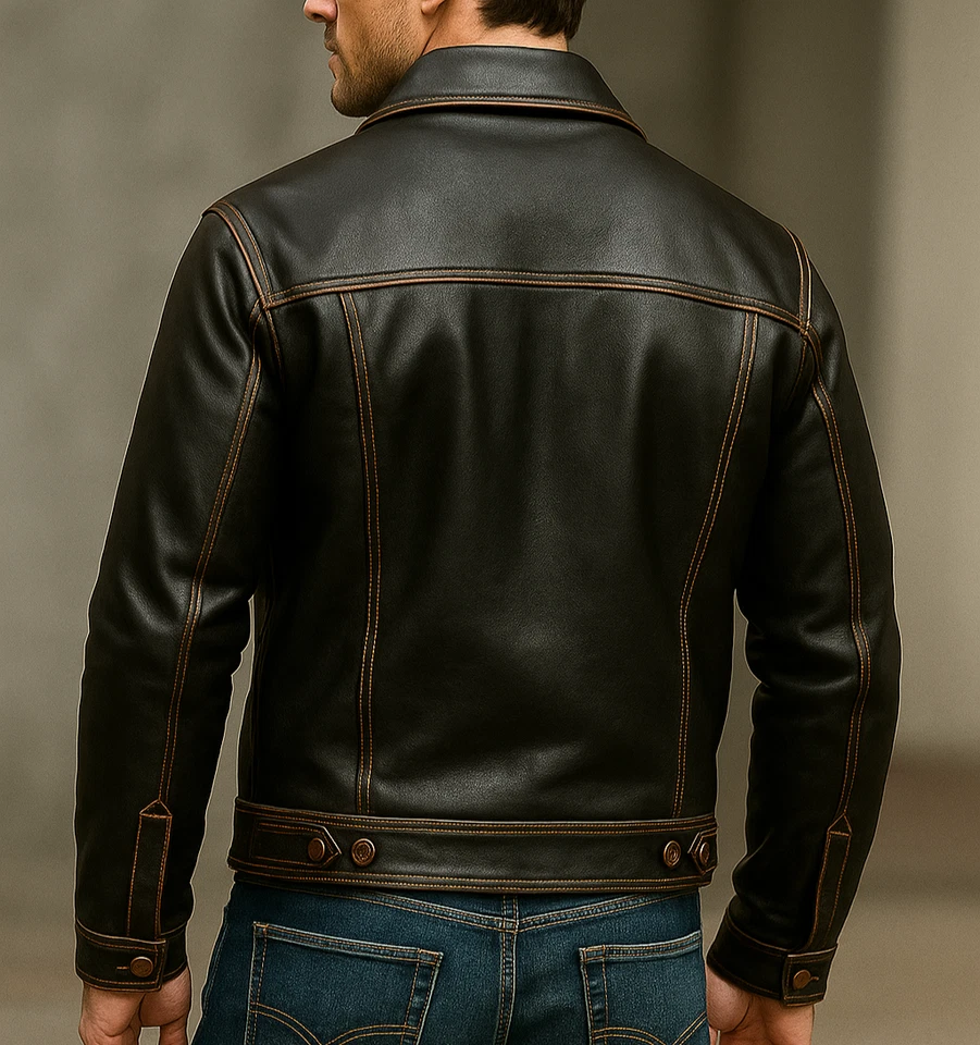 Men’s Black Genuine Leather Trucker Jacket – Vintage Style Button Up Biker Coat - Image 3 of 4