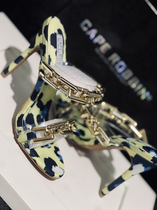 Cape Robbin Women’s Strappy Stiletto Chain Accent Animal Print Heel Yellow Blue…
