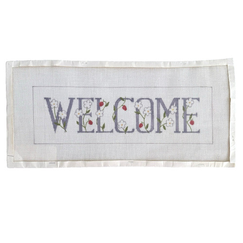 Vtg Hand Painted Welcome Needlepoint Canvas Strawberry Patch Flowers 15.5" x 5"