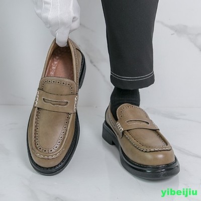 Men's Casual Retro Slip On Loafers Leather Dress Shoes Round Toe Platform Flats