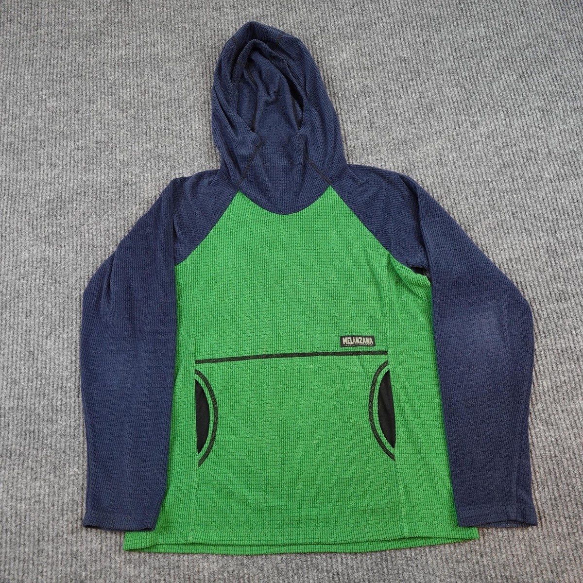 Melanzana Micro Grid Hoodie Kids XL Green Navy Pullover Fleece
