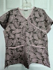 Tafford Scrub Top Size M-Pink/Brown Paisley/Floral V-Neck-Chest 23"/L 27.5"