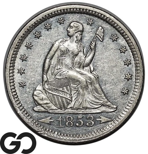 1853 Seated Liberty Quarter, Arrows & Rays, Uncirculated Details, Sharp Key Date