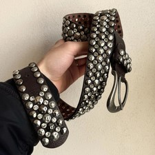 VTG Studded Leather Belt Y2K Rhinestone Punk Grunge Wide Heavy Rivet