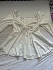 Damen Bluse Weiß Ripp Langarm Karree-Ausschn...