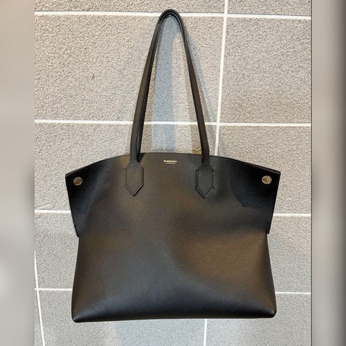 Burberry Society Tote Bag Grained Leather Black Shoulder Handbag Medium Womens