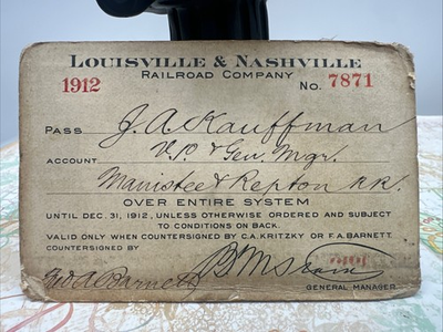#ad Vintage 1912 Louisville amp; Nashville Railroad Pass #7871 Manistee amp; Repton RR $49.95