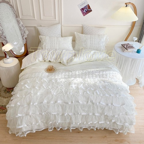 Luxury Satin Jacquard Princess Bedding Set Multi-layer Lace Duvet Cover  Bedskirt