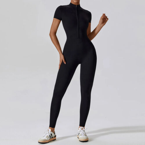 Yoga Set Women's Jumpsuits One-Piece Suit Zipper Short Sleeve Gym Clothes - Picture 25 of 28