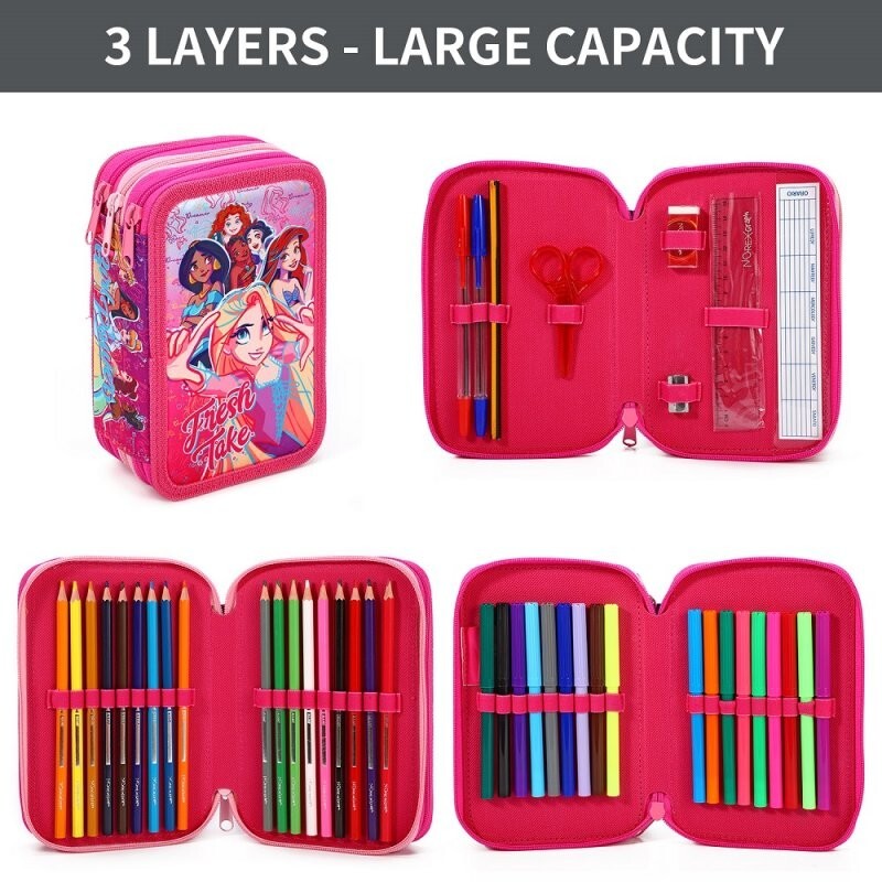 Princess - Pencil Case Stationery Filled 3 Tier Zipped Kids Boys Girls 45 Piece