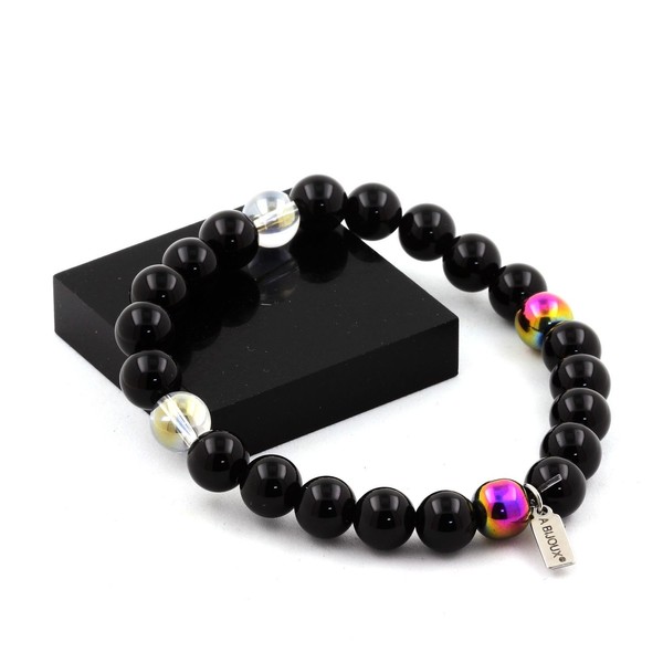 Armband Perlen Schwarzer Achat + Titanquarz + Mehrfarbige HäMatit 8 Hergestellt-image