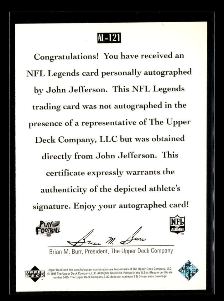 1997 Upper Deck Legends John Jefferson Autograph Auto Chargers ZZ4198 - Image 2 of 2