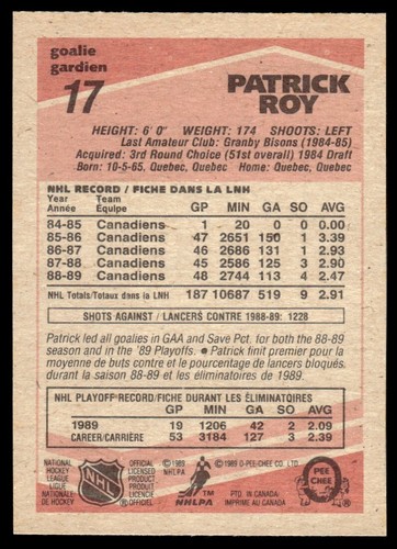 1989-90 O-Pee-Chee Patrick Roy Montreal Canadiens #17 - Imagen 2 de 2