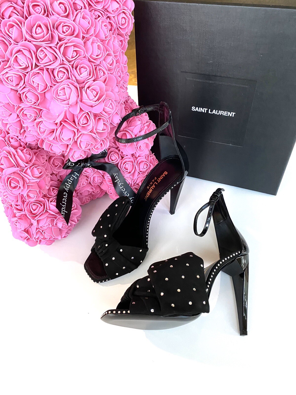 SCARPE SANDALO SAINT LAURENT FREJA NERE SCAMOSCIATE FIOCCO CRISTALLO STRASS PUNTA APERTA 37 NUOVE CON SCATOLA