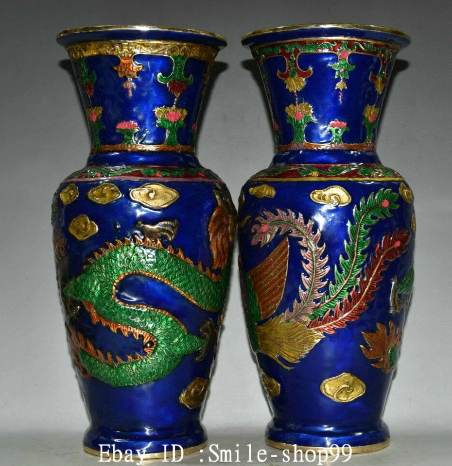 Par de jarrones botellas flores patrón fénix dragón dorado pintura cobre antiguo de 11" Foto 2 de 4