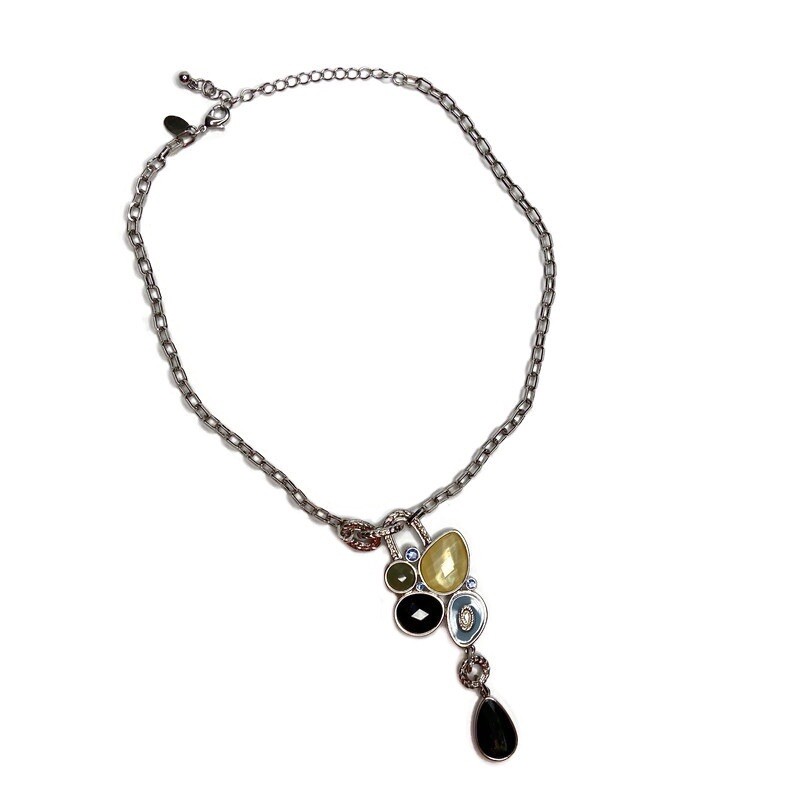 Lia Sophia Azure Y Drop Cluster Faceted Jeweled Necklace Mother Of Pearl Crystal