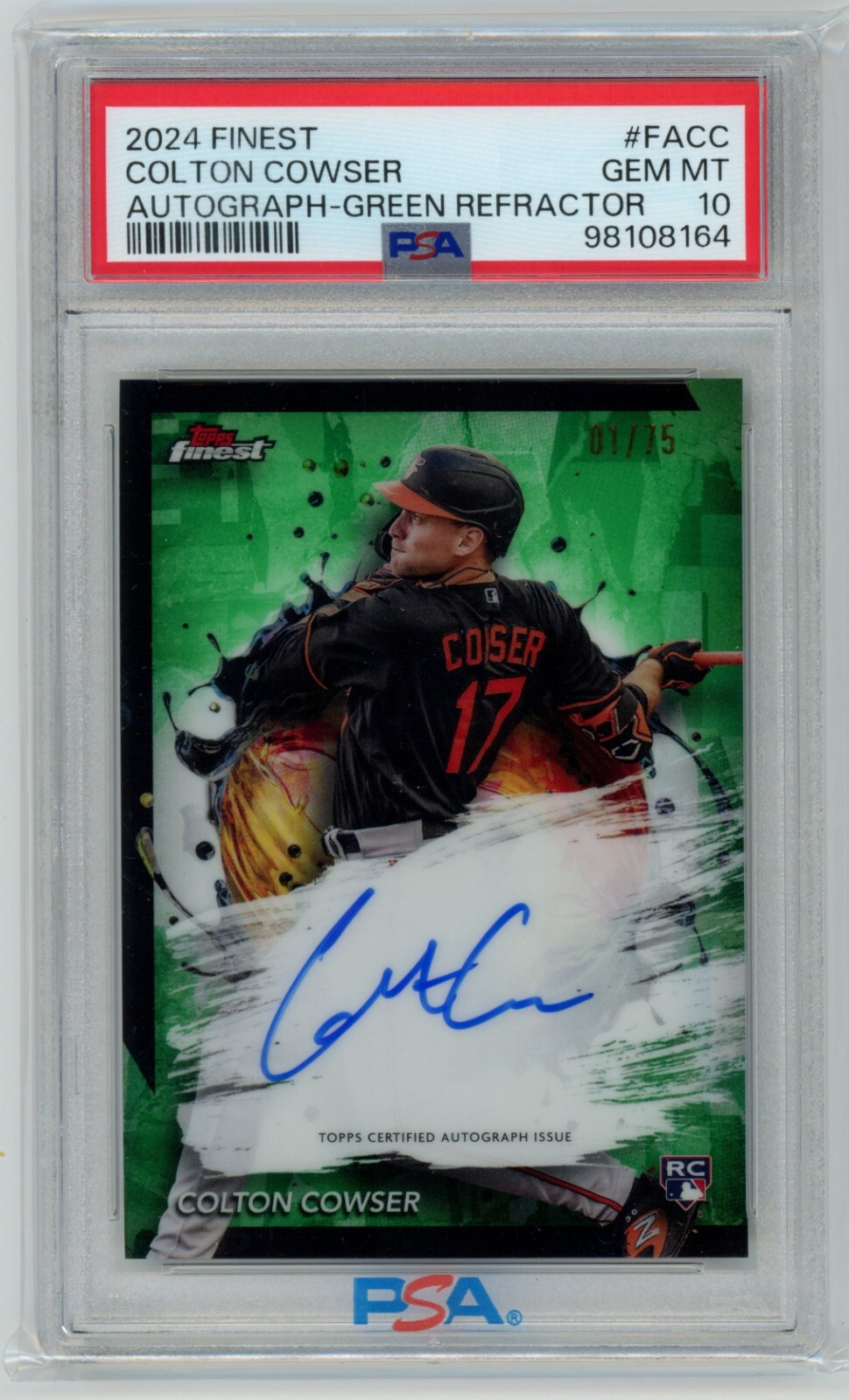 Colton Cowser 2024 Topps Finest Auto Green Refractor #1/75 PSA 10 GEM Orioles RC
