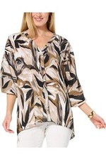 Colleen Lopez Women's Printed Woven Dolman Top with Button Front Black
