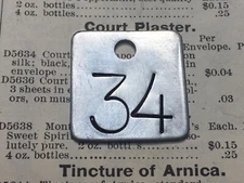 Number 34 Tag Aluminum Metal Cattle Tag Keychain Stamped Token Fob Check