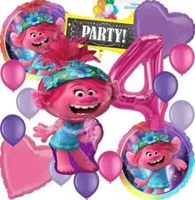 Anagram for Trolls, Girls Birthday Party Foil Balloon Bouquet Set 4th Birthday