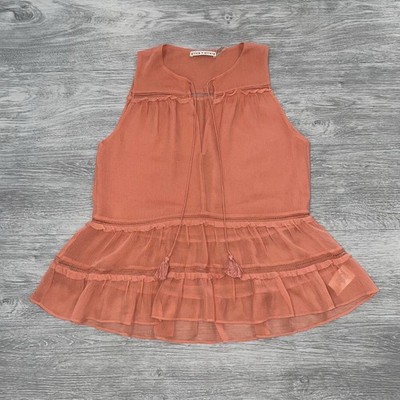 Alice + Olivia Massie Salmon Sleeveless Ruffled Top Women s XS V-Neck Tassels