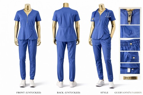 Jaanuu Scrub Set Women’s S Royal Blue Zip Front Peplum Top Jogger Pants Stretch