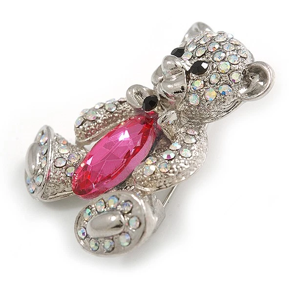 Broche/colgante AB cristal fucsia cristal piedra oso de peluche en tono plata - 45 mm Foto 4 de 4