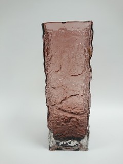 Vintage Whitefriars Aubergine Purple Textured Bark Glass Vase Tall Rectangular