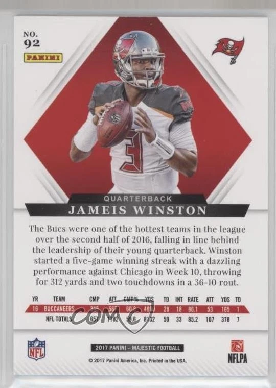 2017 Panini Majestic Red /10 Jameis Winston #92 - Image 2 of 2