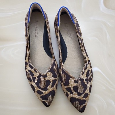 Rothy's The Point II Metallic Cat Leopard Print Slip On Flat Shoes Size 7.5