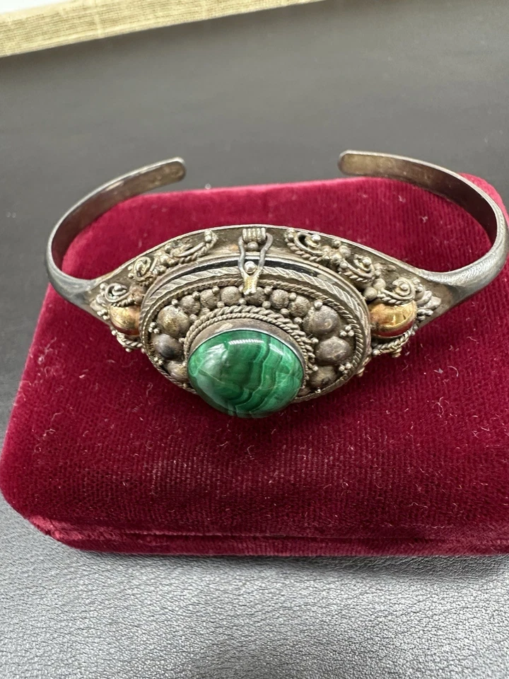 Bracelete vintage de pílula venenosa cabochão malaquita 925 bracelete de ouro 18K SUATA - Imagem 2 de 4