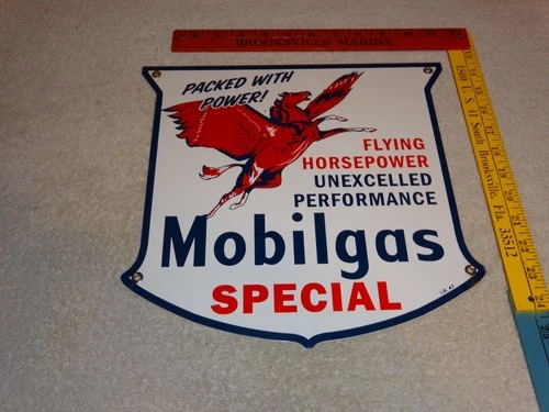 VINTAGE 1947 MOBIL MOBILGAS SPECIAL PEGASUS 1' PORCELAIN METAL GASOLINE OIL SIGN