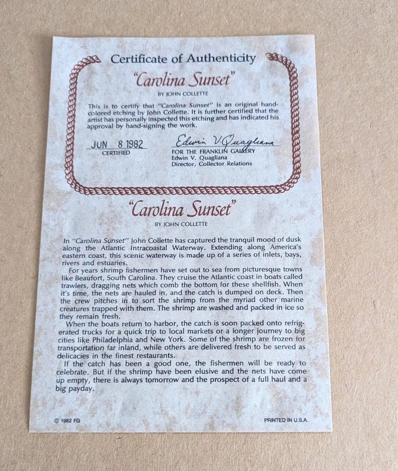 (2) John Collette Obra de Arte Original Enmarcada Coloreada a Mano Grabado Obra de Arte Firmada  Foto 3 de 4