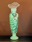 Uranium Glass Vase Hand Painted, Ruffle Top. Fenton? Bristol? Estate Collectable