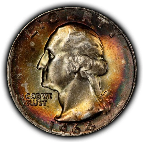 1964-D 25c Washington Silver Quarter - Rainbow Rim Toning - BU - SKU-Z6492