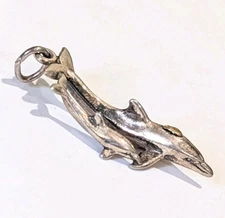 Vtg Solid Sterling Silver 3D Momma Baby Dolphin 1.25" Pendant 3 Grams Hallmarked