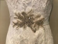 Silver crystal beaded bridal sash belt on white ribbon