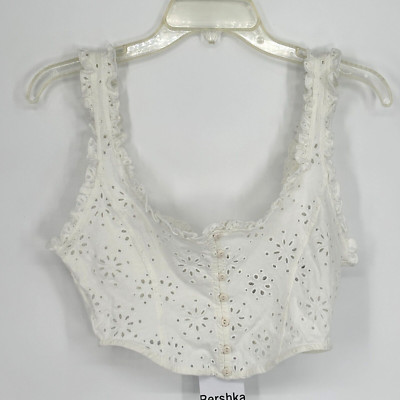 Bershka Women's Small Button Down White Eyelet Crop Ruffle Scoop-Neck Top NWT