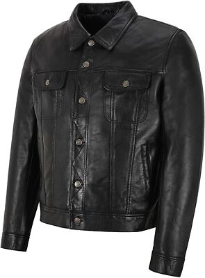 Men's Black Trucker Jacket 100% Genuine Lambskin Leather Classic