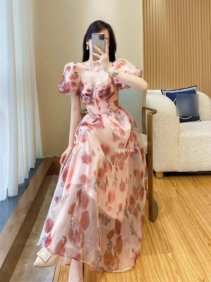 ワンピース French Bouquet Puff Sleeve Dress French Elegant Evening Party Dress Women Casual Floral Midi Dress