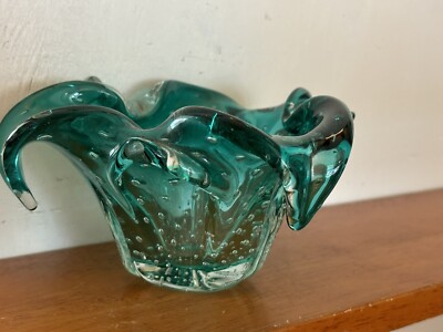 Hand Blown Sea Foam Green Flower Shaped Bowl 4 T 7  Dia Large Bubble at Bottom