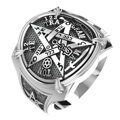 Antiqued Pentagram Star Trinity Ring - .925 Sterling Silver Band, Sizes 4-11 Available - View #8
