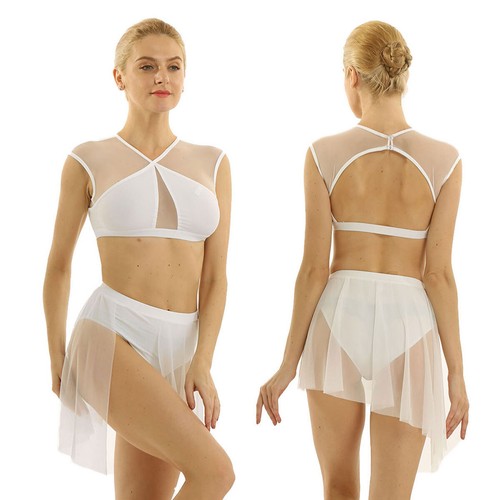 Womens Mesh Asymmetric Contemporary Lyrical Dance Crop Top Shorts Skirt Costume - Picture 51 of 62