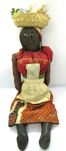 Antique LG Rag Doll-Jamaica-Printed Fabric-Painted Face-Primitive Folk Art-L-16